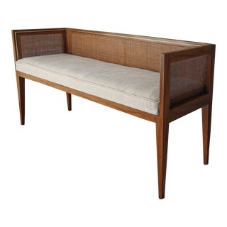 Mid Century Cane and Velvet Bench For Sale