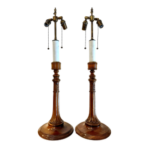 Vintage Regency Style Mahogany Candlestick Lamps - a Pair
