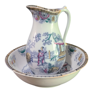 Antique English Transferware Ironstone Chinoiserie Figural Pitcher & Wash Bowl