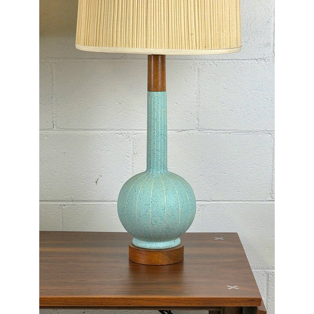 1950s 1950s Danish Modern Teal Ceramic & Walnut Lamps - a Pair For Sale - Image 5 of 6
