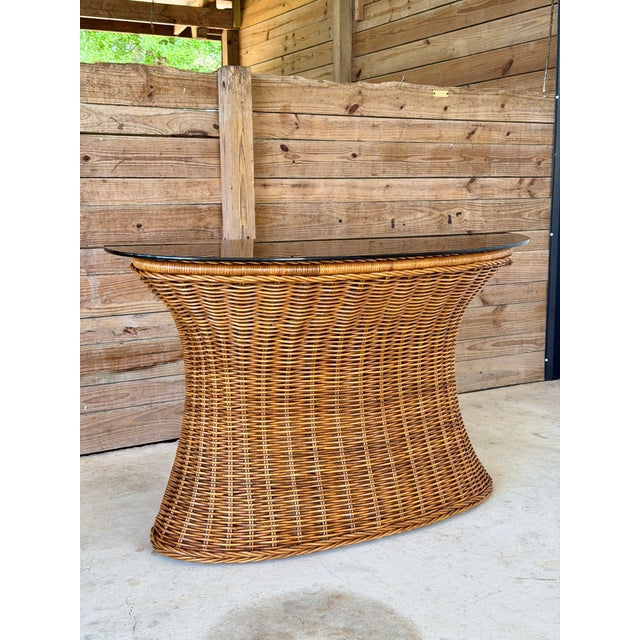 Vintage Refinished Rattan Braided Hourglass Console Table With Original Smoked Glass For Sale - Image 12 of 12
