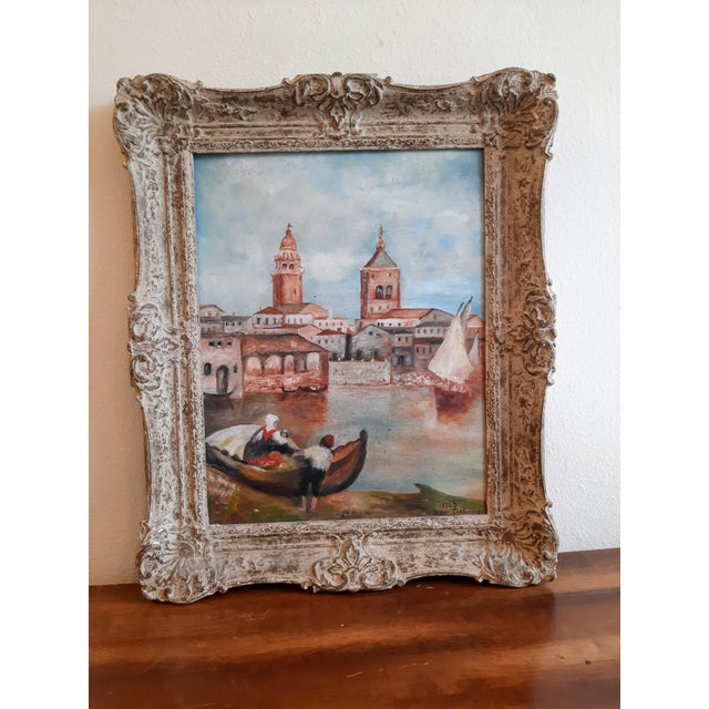 Italian Italian Venetian Fisherman Village Seaside Painting Signed For Sale - Image 3 of 13