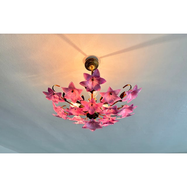 1980s Italian Style Pink Floral Crystal Flush Mount Chandelier, 3-Light For Sale - Image 16 of 17