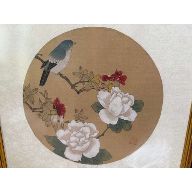 Early 20th Century Vintage Chinese Watercolor Painting on Silk Framed Pictures Birds Floral Signed - a Pair For Sale - Image 5 of 12