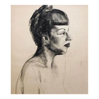 Vintage 1950s Charcoal Female Portrait Drawing For Sale