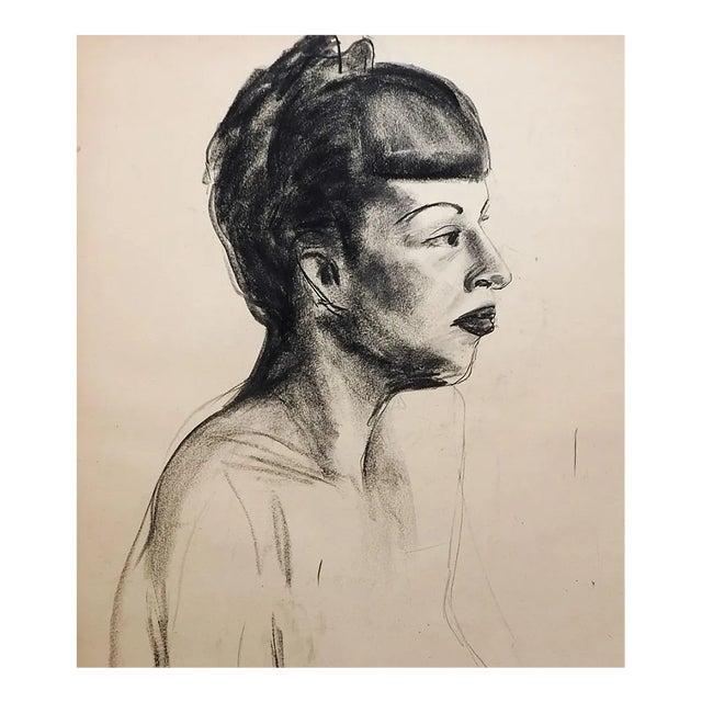 Vintage 1950s Charcoal Female Portrait Drawing For Sale