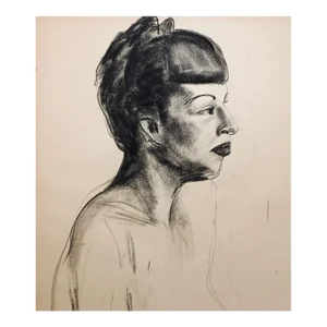 Vintage 1950s Charcoal Female Portrait Drawing