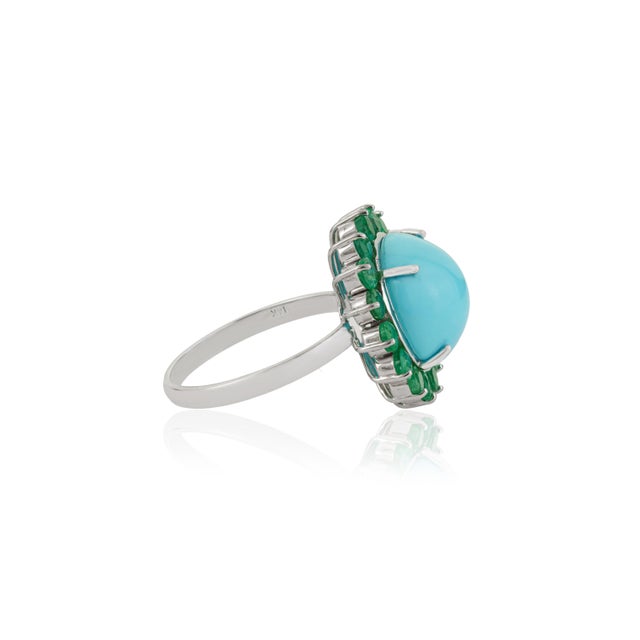 Metal 6.13ct Cabochon Turquoise & Emerald Halo Cocktail Ring in 14k White Gold Size 7 For Sale - Image 7 of 18