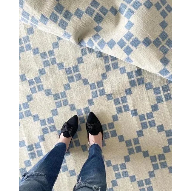 Modern Modern Handknotted Geometric Oushak Rug in Blue & Cream, 4' x 6' For Sale - Image 3 of 4