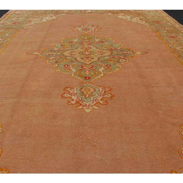Textile Antique Turkish Oushak in Pink and Light Green For Sale - Image 7 of 13