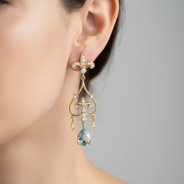 Blue Fleur De Lis Chandelier Earrings Studs With Topaz in Silver, Gold, A Pair For Sale - Image 8 of 10