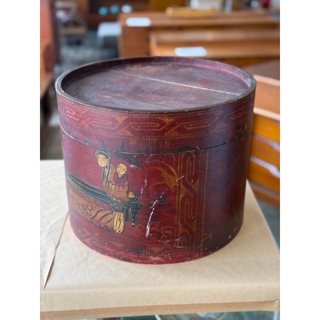Asian Antique Red Antique Original Wooden Chinese Handpainted Hat Box / Basket For Sale - Image 3 of 7