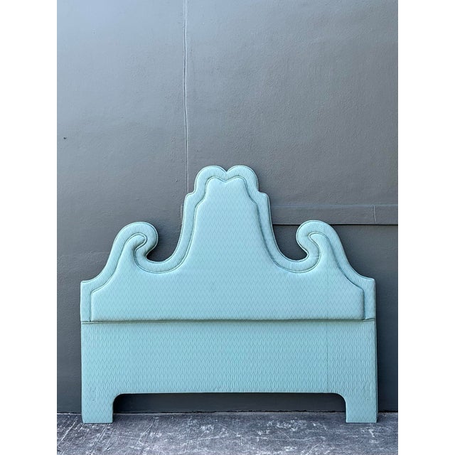 Sky Blue Vintage Regency Upholstered Queen Headboard For Sale - Image 8 of 12