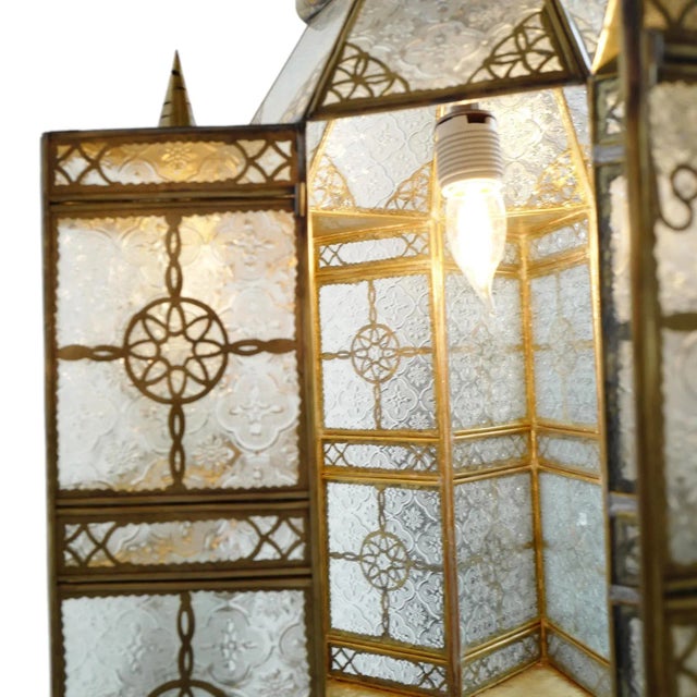 Brass Vintage Moroccan Brass & Etched Glass Pendant Light For Sale - Image 8 of 11