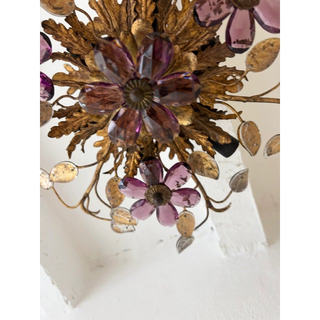1940s Flush Mount Maison Baguès Crystal Amethyst Flowers Leaves Chandelier 6 Lights For Sale - Image 5 of 9