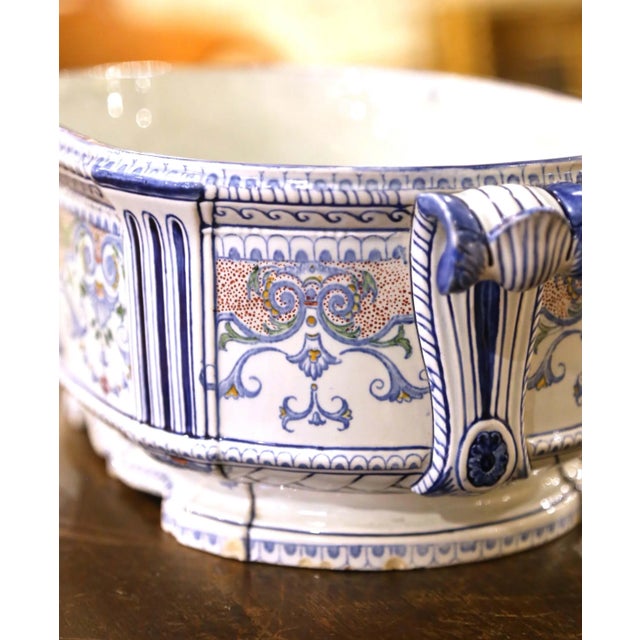 Blue Early 20th Century French Desvres Faience Jardinière With Mask Handles and Scrollwork For Sale - Image 8 of 9