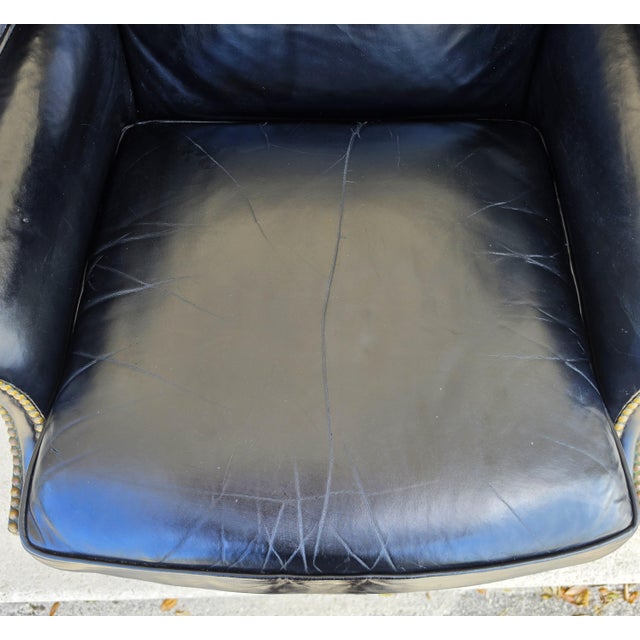 Classic Georgian Chippendale Black Leather Wingback Library Gentlemans Armchair For Sale - Image 10 of 16