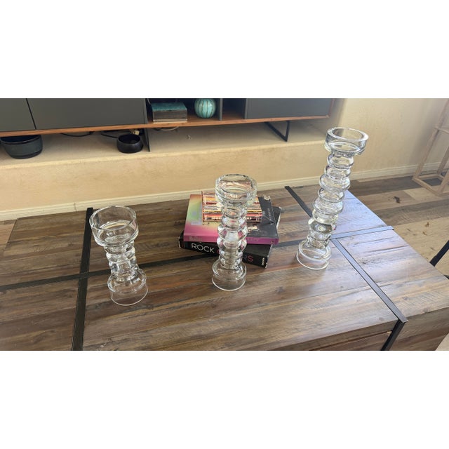 Transparent Global Views Hand-Blown Portuguese Glass Bubble Candlesticks – Set of Three For Sale - Image 8 of 12