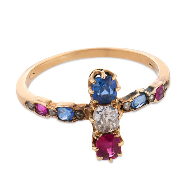 Victorian 19th Century Victorian Ruby Sapphire Diamond 14k Yellow Gold Ring, Size 5.75 For Sale - Image 3 of 5