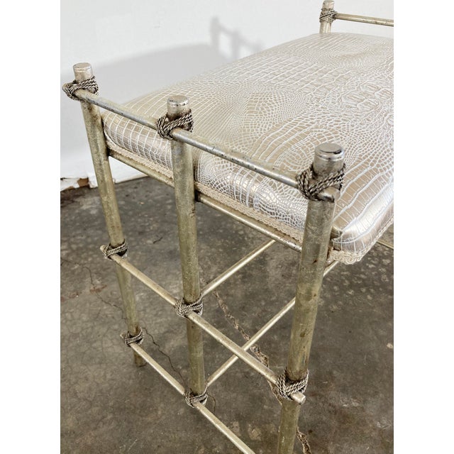 Vintage Maitland-Smith Style Vanity Stool With Metallic Croc Print Upholstery For Sale - Image 10 of 11
