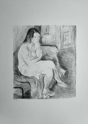 1980s Raphael Soyer Woman in Red Stockings Black and White Print