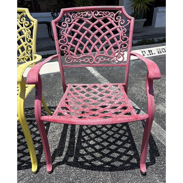 Vintage Cast Aluminum Brightly Painted Outdoor Armchairs- Set of 6 For Sale - Image 12 of 18