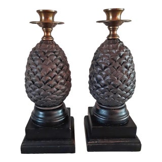 Vintage Brass & Painted Resin Pine Cone Candle Holders - a Pair For Sale