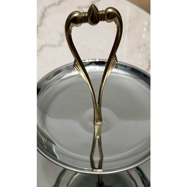 Brass Vintage Mid-Century Modern 2-Tier Silver & Brass Tidbit Tray Dessert & Pastry Stand Centerpiece For Sale - Image 8 of 8