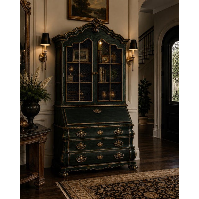 Henredon Oxidized Emerald Bombe Secretary Cabinet With Antiqued Gold Gilding & Chicken Wire Display Hutch For Sale - Image 4 of 5