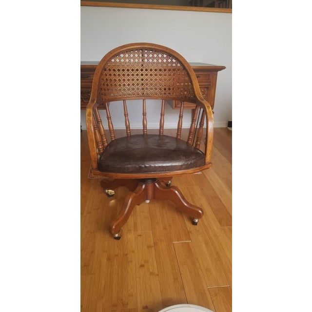 Traditional Vintage Drexel Traditional Leather-Top Executive Desk and Cane-Back Chair Set For Sale - Image 3 of 18