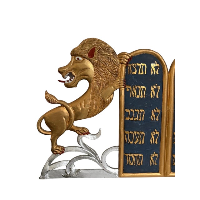 Rare Folk Art Hebrew Judaica Carved Gilded Wood Lions Torah Synagogue Sculpture, c.1920's-1940's For Sale - Image 13 of 18