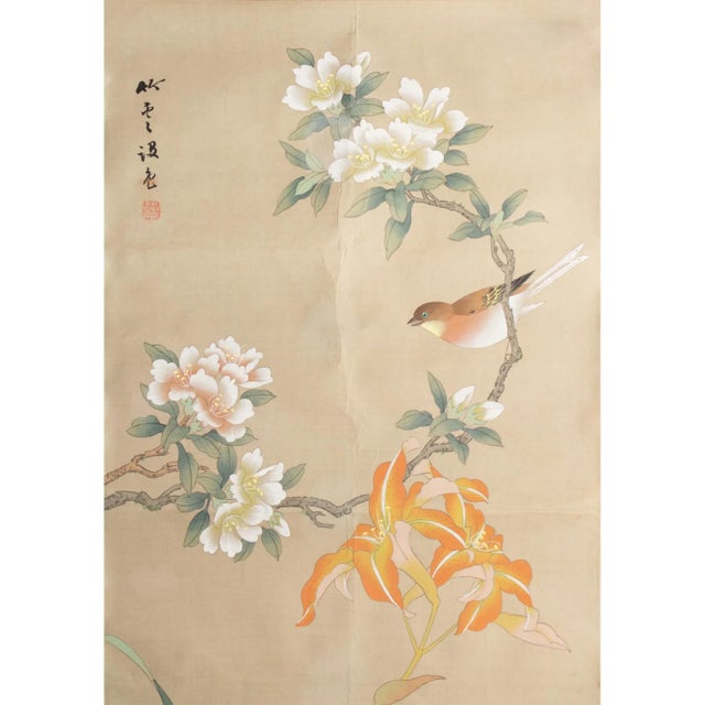 Japanese Post-1940 Showa Japanese Silk Scroll "Rosefinch and Camellias" For Sale - Image 3 of 12