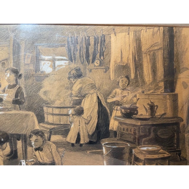 Paint Antique orig.l Egbert Norman Clark Charcoal Pencil Gouache Family Drawing Sketch For Sale - Image 7 of 16