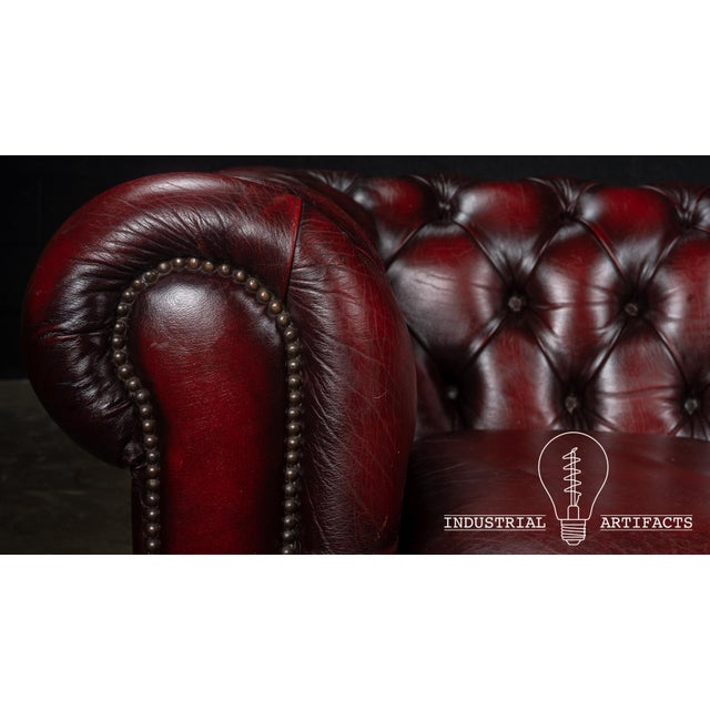 Vintage Oxblood Leather Three-Cushion Chesterfield Sofa For Sale - Image 9 of 9