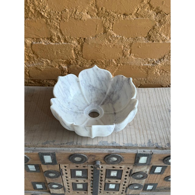 White Marble Vessel Sink – Hand-Carved Flower Shape Bathroom Basin For Sale - Image 4 of 7