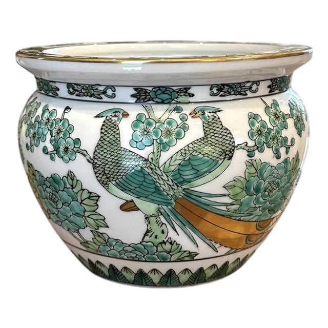 Vintage Hand Painted Gold Imari Green and White Cachepot / Cache Pot / Jardinere/ Fishbowl Planter With Peacock Motif For Sale