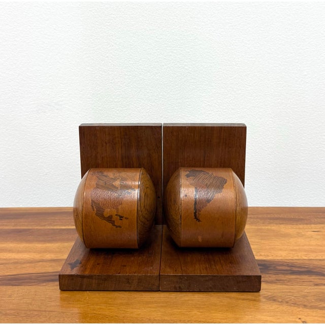 Mid 20th Century Vintage Globe Inlaid Wooden Bookends - Pair For Sale - Image 5 of 6
