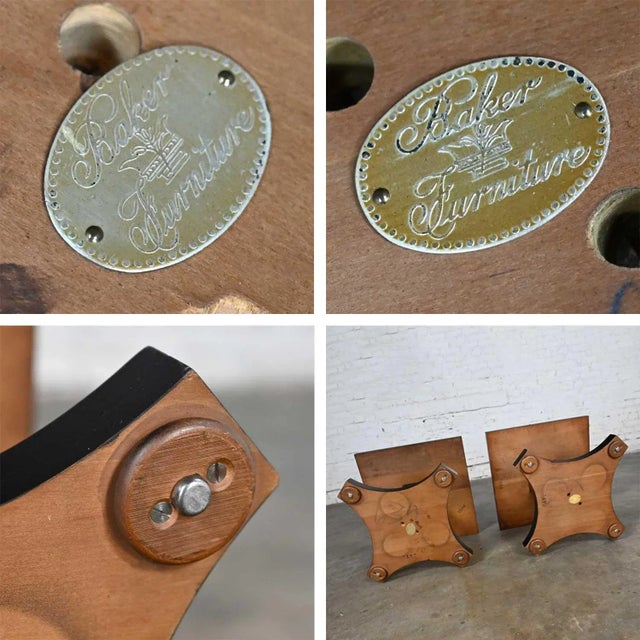 Late 20th Century Baker Furniture Campaign Style Black & Natural Pedestal End Tables a Pair For Sale - Image 11 of 13