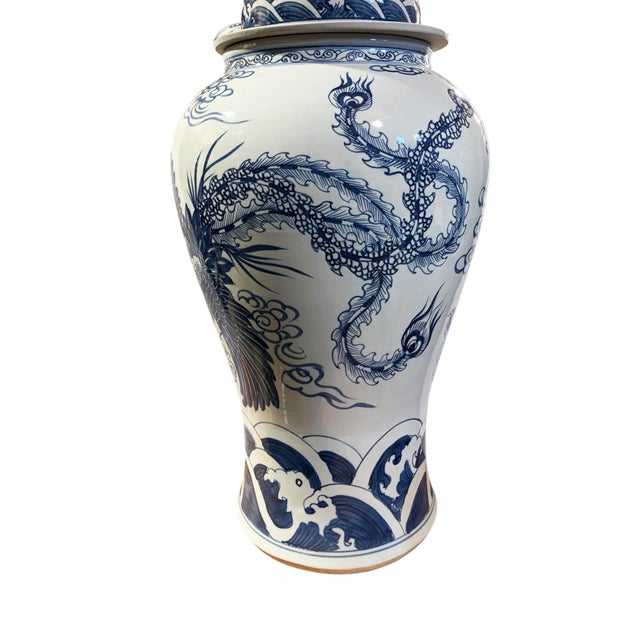 1980s Vintage Large Chinoiserie Blue& White Porcelain Ginger Jar Dragon & Phoenix 36" H For Sale - Image 5 of 11