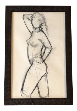 Vintage Original Female Nude Charcoal Study Drawing 1970’s Framed