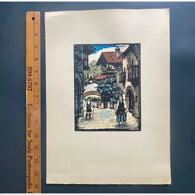 Juan Castells Marti Lithograph, 1940s – Spanish Artist Woodcut Print – Color on Woven Paper – Spain Art – 14"x10" For Sale In Miami - Image 6 of 6