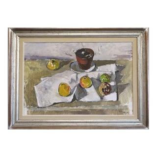 1945 Mid-Century Modern 'Citrus & Pot' Vintage Swedish Expressive Still Life Swedish Oil Painting, Framed For Sale