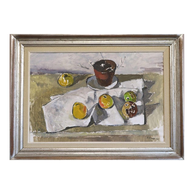 1945 Mid-Century Modern 'Citrus & Pot' Vintage Swedish Expressive Still Life Swedish Oil Painting, Framed For Sale