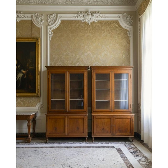Pair of high-quality 1840 walnut sideboards and bookcases Authentic elegance for prestigious settings This pair of high-...