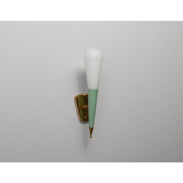 1950s Vintage Italian Brass and Green-Lacquered Steel Wall Sconce with Opaline Glass Shade, 1950s For Sale - Image 5 of 7