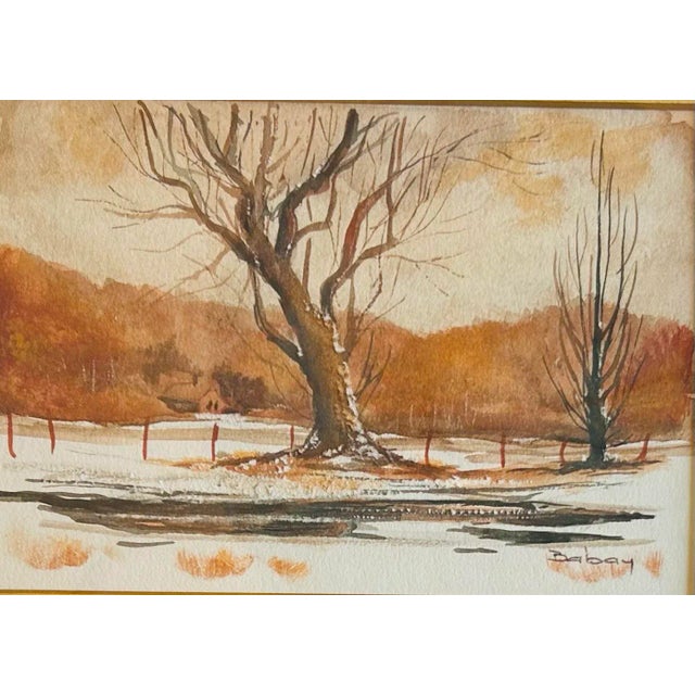 Vintage Mid Century Modern Small Landscape Watercolor Painting For Sale - Image 4 of 6