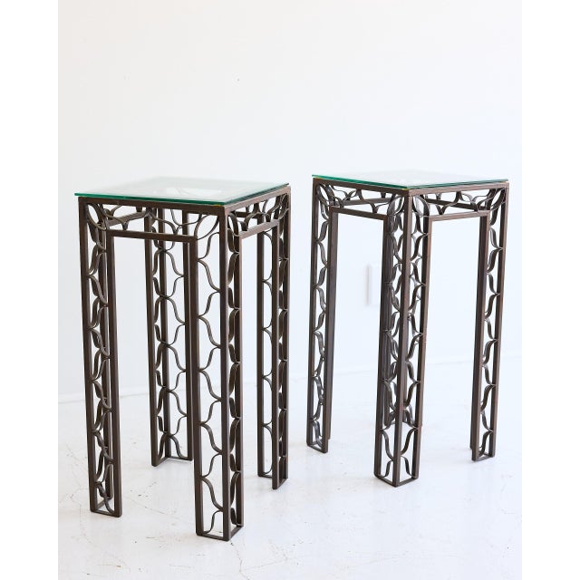 Pair of Pedestal Tables With Metalwork Frames and Glass Tops, Indoor/Outdoor For Sale - Image 11 of 15