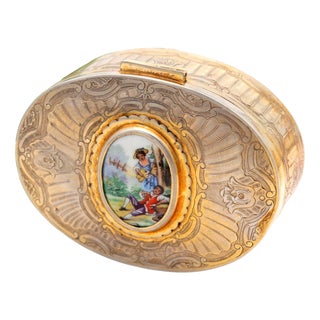 Silver Jewelry Box with Reliefs and Idyllic Scene on Enamel with Velvet Interior For Sale