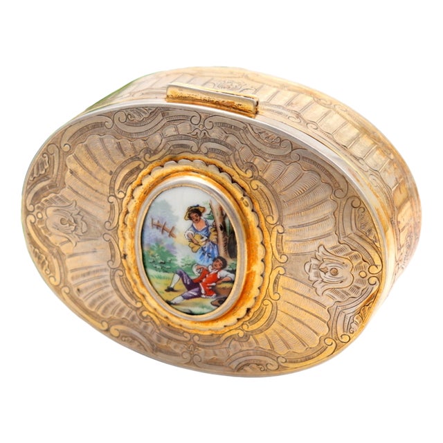 Silver Jewelry Box with Reliefs and Idyllic Scene on Enamel with Velvet Interior For Sale