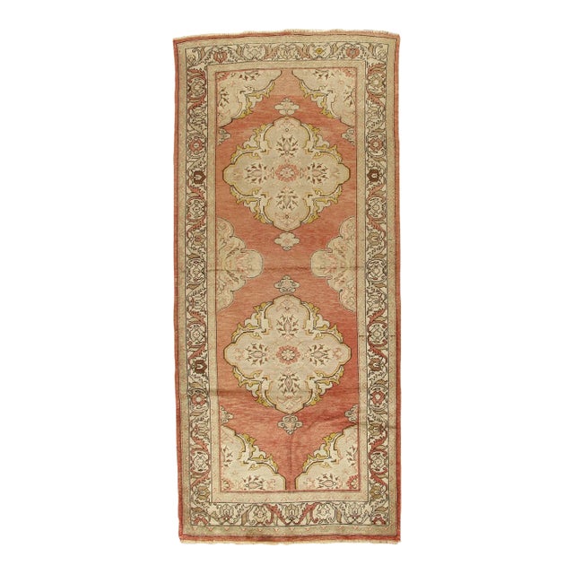 Antique Oushak Rug, Handmade Oriental Rug, Coral, Beige, Taupe Fine Rug For Sale